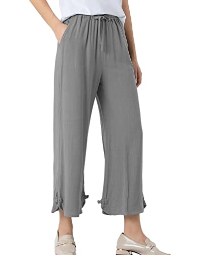 Minibee Women's Linen Cropped Pants Drawstring Waist Wide Leg Trousers with Frog Button Gray-M