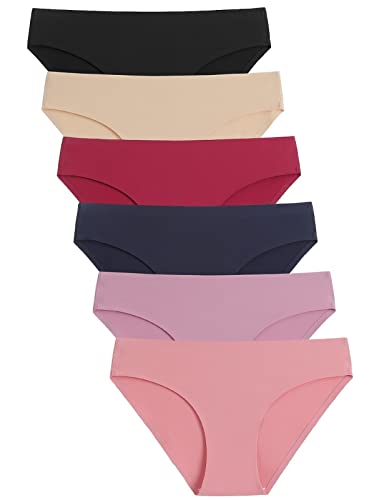 Caterlove Women's Seamless Underwear No Show Stretch Bikini Panties Silky Invisible Hipster 6 Pack (A, Small)