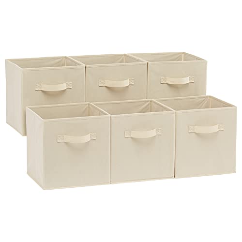 Amazon Basics Collapsible Fabric Storage Cubes Organizer with Handles, 10.5'x10.5'x11', Beige - Pack of 6