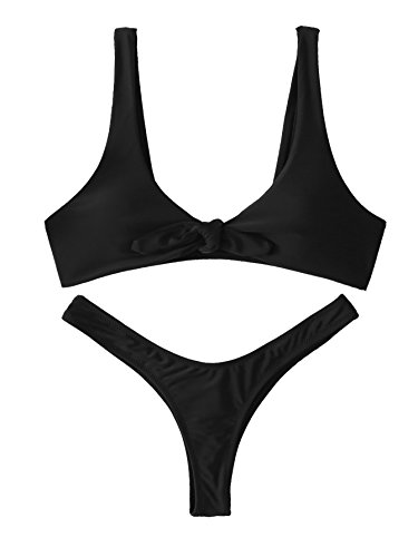 SweatyRocks Women's Sexy Bikini Swimsuit Soild Color Tie Knot Front Thong Bottom Swimwear Set Black L