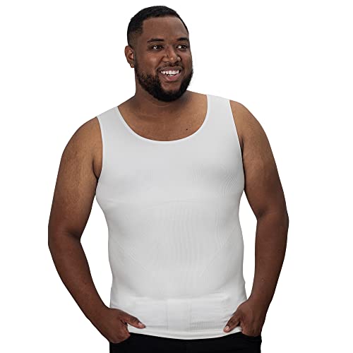 QORE LOGIQ Gynecomastia Compression Shirts for Men White Tank Top Body Shaper, Fajas para Hombres, Mens Slimming Undershirt Belly Shirt Sleeveless XL