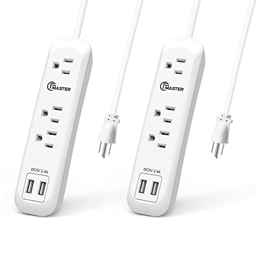 USB Power Strip Surge Protector Long Extension Cord 6 feet, 3 Outlets, 2 USB Ports (2.4A/12W), Overload Protection, Mountable Power Strip for Home Office, 1250W/10A, SGS Listed, White.Two Pack