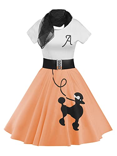 ZEZCLO Women's Retro Poodle Print Skater Dress Vintage High Waist Rockabilly Swing Tee Cocktail Party Dresses Orange Pink S