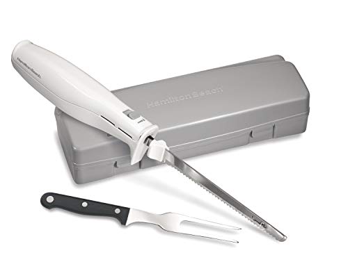 Hamilton Beach Electric Knife for Carving Meats, Poultry, Bread, Crafting Foam & More, with Reciprocating Serrated Stainless Steel Blades, Ergonomic Design, Storage Case + Fork Included, White