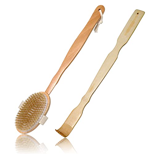 Detachable Shower Brush with long handle, Natural Bristles Body Brush for showering, Wooden Back Scrubber for men and women. Bamboo Back Scratcher, Easily Solve the Difficult problem of scratching.