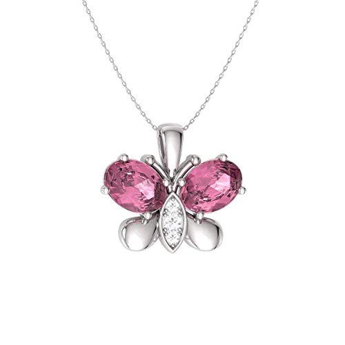 Diamondere Natural and Certified Oval Cut Pink Sapphire and Diamond Butterfly Necklace in 14k White Gold | 0.60 Carat Pendant with Chain