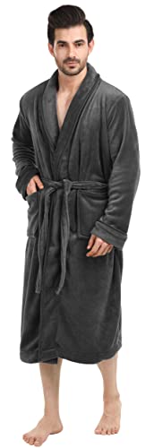 NY Threads Luxurious Mens Shawl Collar Fleece Bath Robe, Spa Robe, Grey, Large-X-Large