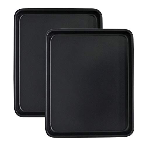 11 Inch Baking Sheets for Oven Set of 2, Shinsin Nonstick Toaster Oven Pans Quarter Sheet Pans with 1-inch Rimmed Deep, Carbon Steel Cookie Sheets Replacement Oven Tray- 9x11 Sheet Pans (Black)