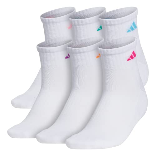 adidas womens Athletic Cushioned Quarter Socks With Arch Compression (6-Pair), White/Shock Pink/Bright Cyan, Medium