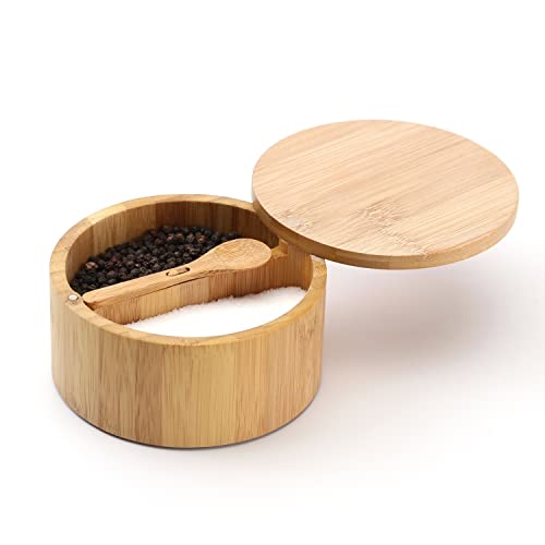 KITCHENDAO Bamboo Salt and Pepper Bowl Box Cellar Container Divided, Built-in Serving Spoon to Avoid Dust, Swivel Lid to Keep Dry, Sea Salt Spice Seasoning Keeper Holder, Dual 7 Ounce Capacity