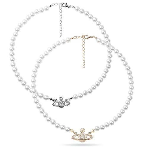 2PCS Saturn Artificial Rhinestone Pearl Necklace Set White Crystal Jewelry Lady Charm Lady Girlfriend Wedding Birthday Anniversary