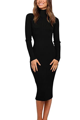 MEROKEETY Women's Ribbed Long Sleeve Sweater Dress High Neck Slim Fit Knitted Midi Dress, Black, M