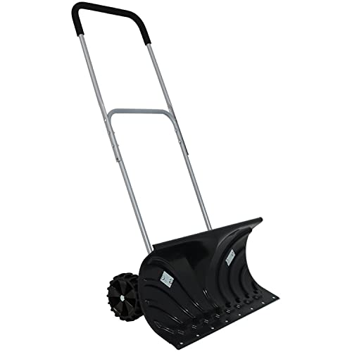 CASL Brands Heavy-Duty Rolling Snow Pusher with 6-Inch Polypropylene Wheels and Adjustable Aluminum Handle - 26-Inch Blade