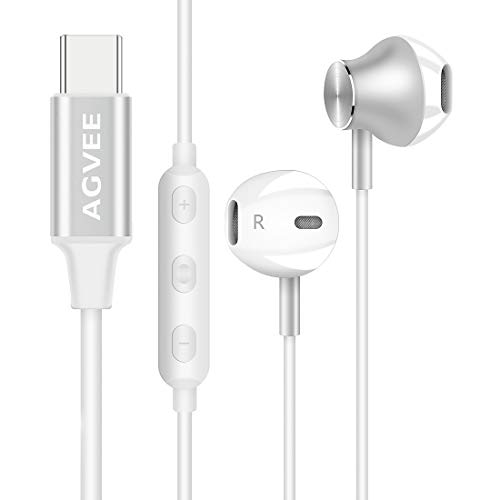 AGVEE 32Bit 384Khz Digital USB-C Headphones, Type-C Earbuds Active Noise Cancelling in-Ear Wired Earphone with Mic for Samsung S21 S20, Note 20 10, iPad Pro 2020 2018, Pixel 5 4 3 2 XL, Silver