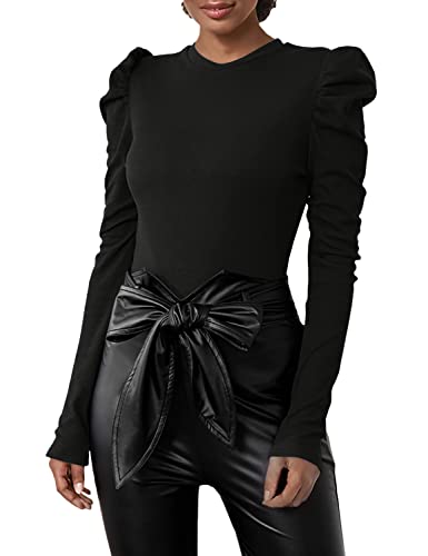 Floerns Women's Solid Puff Sleeve Crew Neck Casual T Shirt Top Aa Black M