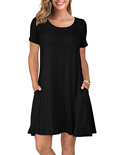 KORSIS Summer Dresses for Women Black X-Large Casual T Shirt Dresses Short Sleeve Swing Flowy Ladies Funeral Beach Vacation Sundress with Pockets