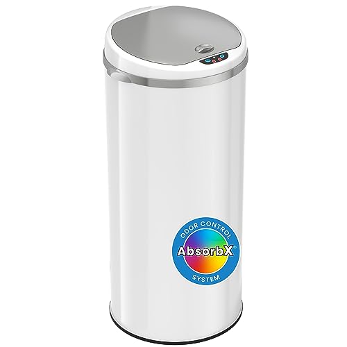 iTouchless 13 Gallon Touchless Sensor Trash Can with Odor Filter System, Round Steel Garbage Bin, Perfect for Home, Kitchen, Office, Alpine White 13 Gal