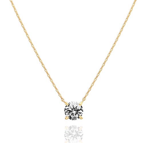 PAVOI Womens 14K Gold Plated Yellow Gold Crystal Solitaire 1.5 Carat (7.3mm) CZ Dainty Choker Necklace
