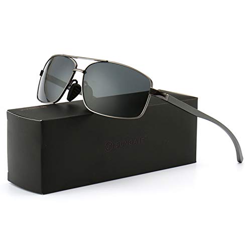 SUNGAIT Ultra Lightweight Rectangular Polarized Sunglasses UV400 Protection (Gunmetal Frame Gray Lens, 62) Metal Frame 2458 QKH