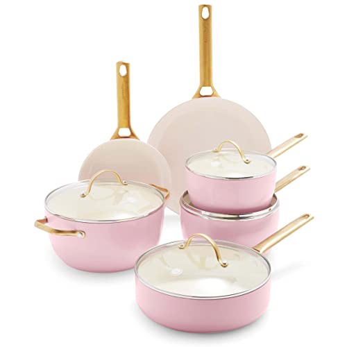 GreenPan Reserve Hard Anodized Healthy Ceramic Nonstick 10 Piece Cookware Pots and Pans Set, Gold Handle, PFAS-Free, Dishwasher Safe, Oven Safe, Blush Pink