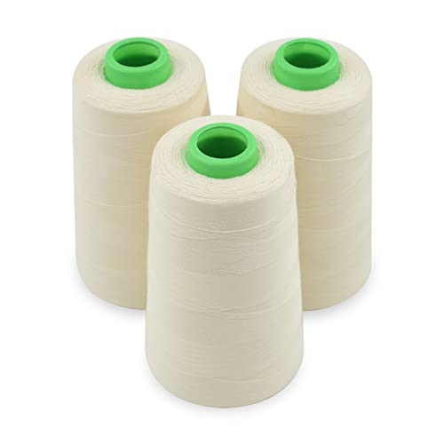 3 Spools Raw White All Purpose Sewing Cotton Thread Spools from for Serger, Overlock, Quilting, Sewing Machine 40/2 Connecting Threads for Sewing Machine and Hand Repair Works, 3000Yard/ Spools