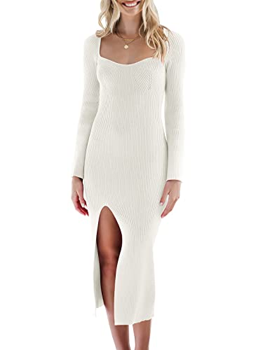 ANRABESS Womens Sweater Dress 2023 Fall Bell Long Sleeve Sweetheart Neck Side Slit Ribbed Knit Slim Fit Elegant Bodycon Midi Dress 578mibai-M White