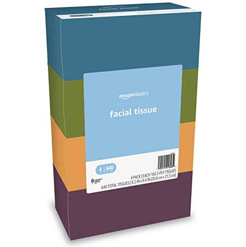 Amazon Basics Facial Tissue, 160 Tissues per Box, 4 Flat Boxes (640 Tissues total) (Previously Solimo)