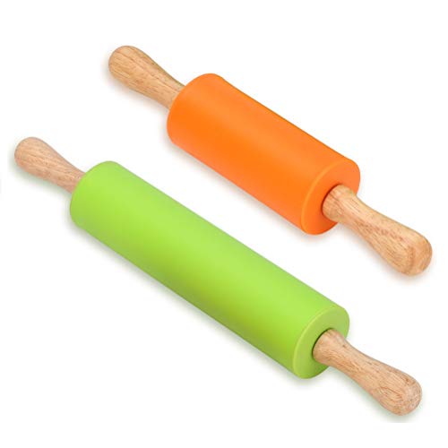 Silicone Rolling Pin - Dough Roller for Pizza, Cookie with Wooden Handle & Nonstick Surface - 2 Pack Rolling Pins for Baking (9+12 Inch))