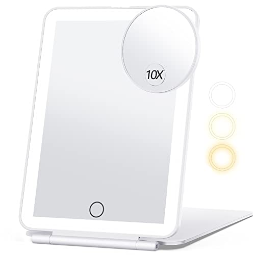 Travel Makeup Mirror with 10X Magnifying Mirror, Vanity Mirror with 80LEDs, 3 Color Lighting, Rechargeable 2000mAh Batteries, Portable Ultra Slim Lighted Makeup Mirror, Travel Essentials for Women