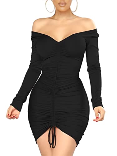 XXTAXN Women's Sexy Elegant Long Sleeve Off The Shoulder Ruched Mini Dress Black, X-Large
