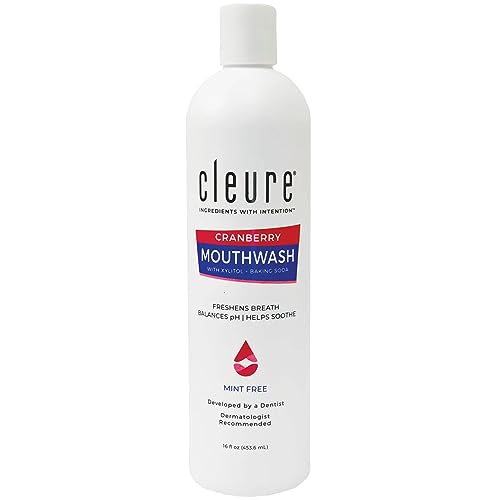 Cleure Alcohol Free Mouthwash with Xylitol & Baking Soda - Gentle Fluoride Free Mouth Wash for Adults & Kids - Cranberry (16 oz, Pack of 1)