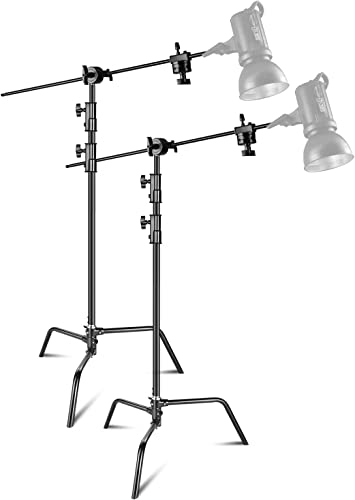 Neewer 2-Pack 100% Heavy-Duty Steel C-Stand, Pro Photography Light Stand with 3.5'/108cm Extension Arm, Grip Head, Turtle Base for Studio Monolight, Softbox, Reflector, Max Height 10'/305cm – Black