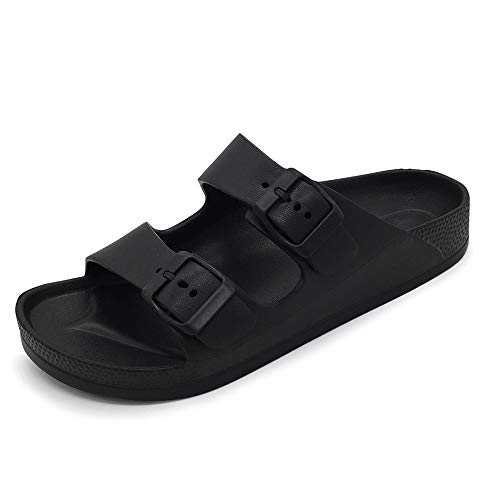 FUNKYMONKEY Women's Comfort Slides Double Buckle Adjustable EVA Flat Sandals (7 M US-Women, Black)