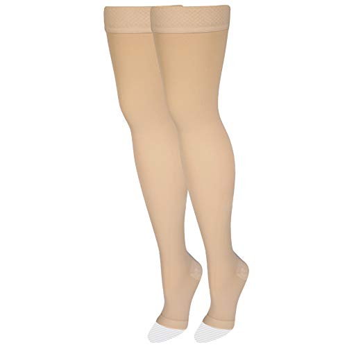 NuVein Medical Compression Stockings, 20-30 mmHg Support, Women & Men Thigh Length Hose, Open Toe, Beige, Large