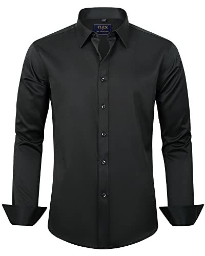 J.Ver Men's Dress Shirts Solid Long Sleeve Stretch Wrinkle-Free Shirt Regular Fit Casual Button Down Shirts Black Medium