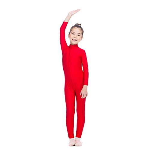 Girls Unitard Gymnastics High Neck Ankle Length Dance Bodysuit Dancewear (XS, Red)