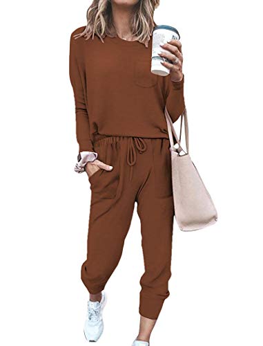 Lounge Sets for Women Casual Two Piece Outfits Long Sleeve Fall Clothes 2022 Fashion Brown M