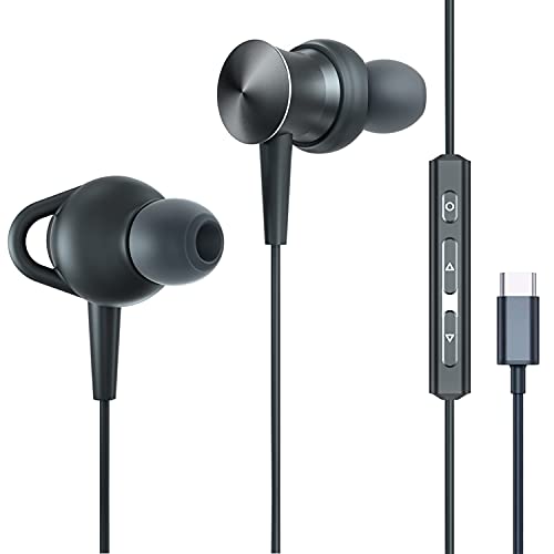 Ecoker USB C Headphones Hi-Fi Immersive Bass Sound Metal Earphones Type C Earbuds with MEMS Microphone for Samsung Galaxy S21/Ultra/S20/Note10, Google Pixel 5/4/3/2 - Black(Updated Version)