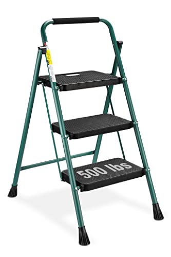 HBTower 3 Step Ladder, Folding Step Stool with Wide Anti-Slip Pedal, 500 lbs Sturdy Steel Ladder, Convenient Handgrip, Lightweight, Portable, Green and Black