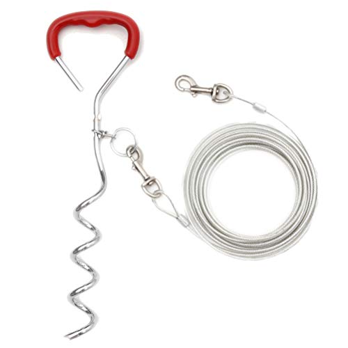 EXPAWLORER Dog Tie Out Cable and Stake, 30 ft Dog Outside Leash Cable for Ground, Yard and Camping, Heavy Duty Reflective Dog Chain and Anchor for Medium to Large Dogs Training (Up to 125 lbs) Red