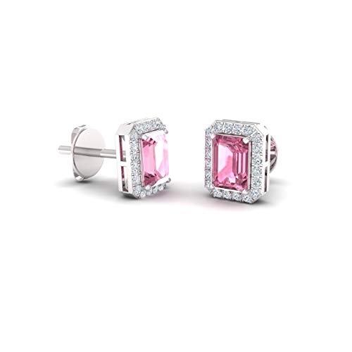 Diamondere Natural and Certified Pink Sapphire and Diamond Stud Earrings in 14K White Gold | 0.67 Carat Halo Earrings for Women