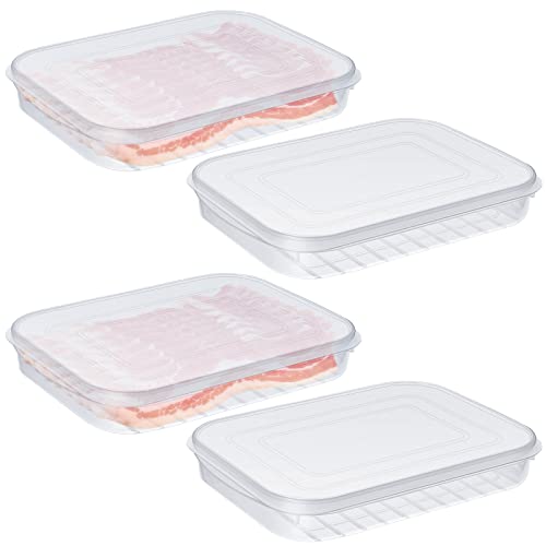 Suclain 4 Pieces Bacon Keeper Plastic Deli Meat Saver with Lids Airtight Cold Cuts Cheese Container for Fridge Food Refrigerator Storage Box Shallow Low Christmas Cookie Holder