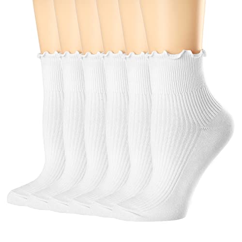 Mcool Mary Women's Ruffle Socks,Turn-Cuff Casual Cute Ankle Socks Warm Cotton Knit Lettuce Low Cut Frilly White Socks for Women 6 Pack