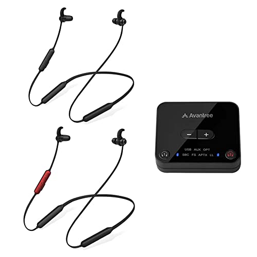 Avantree HT41866 Wireless Earbuds for TV Listening (Set of 2) with Bluetooth Transmitter, Individual Volume Control, 20Hrs Neckband Headphones, Plug & Play, No Audio Delay