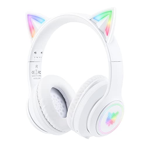 SIMGAL Bluetooth Cat Ear Headphones for Kids, Wireless & Wired Mode Foldable Headset with Mic, RGB LED Light, for Girls School Gaming, Compatible with Mobile Phones PC Tablet (White)