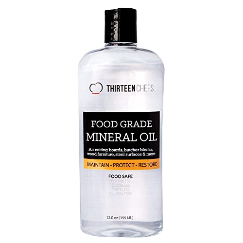 Thirteen Chefs Mineral Oil - 12oz Food Grade Conditioner for Wood Cutting Board, Countertop & Butcher Block, Lubricant for Knife or Meat Grinder - Safe USP Finish on Bamboo, Marble, Soapstone