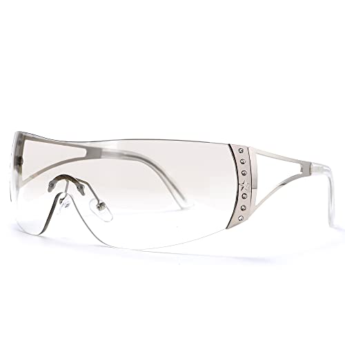 GUVIVI Wrap Around Y2K Sunglasses for Women Men Shield Flat Top Sunglasses Futuristic Frameless Gradient Lens Sun Glasses