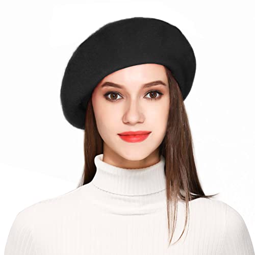 Jeicy Wool Beret Hat Solid Color French Beret with Skily Scarf and Brooch, Black