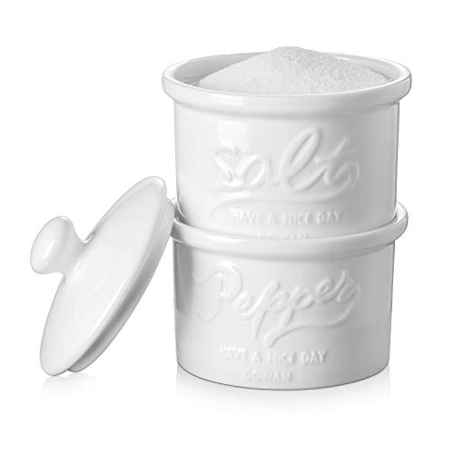 DOWAN Salt and Pepper Bowls Set of 2-9 OZ Salt and Pepper Cellar - Stacking Ceramic Salt and Pepper Container with Lid (White)