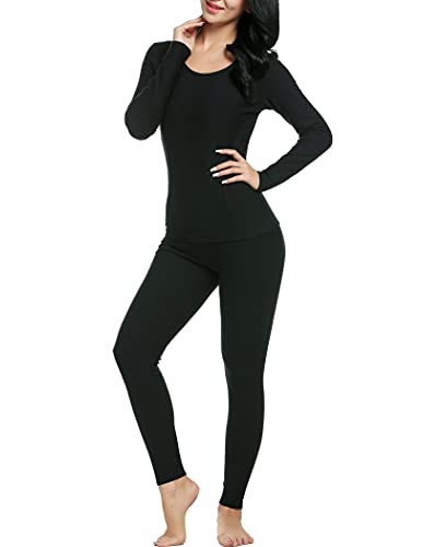 Ekouaer Women's Thermal Wear Winter Long Johns Pajama Set Sleepwear Plus Size(Black,Large)